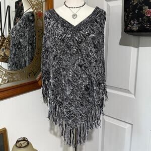 NWT John Paul Richard Black & White Crochet Knit Tassel Fringe Sweater Poncho OS